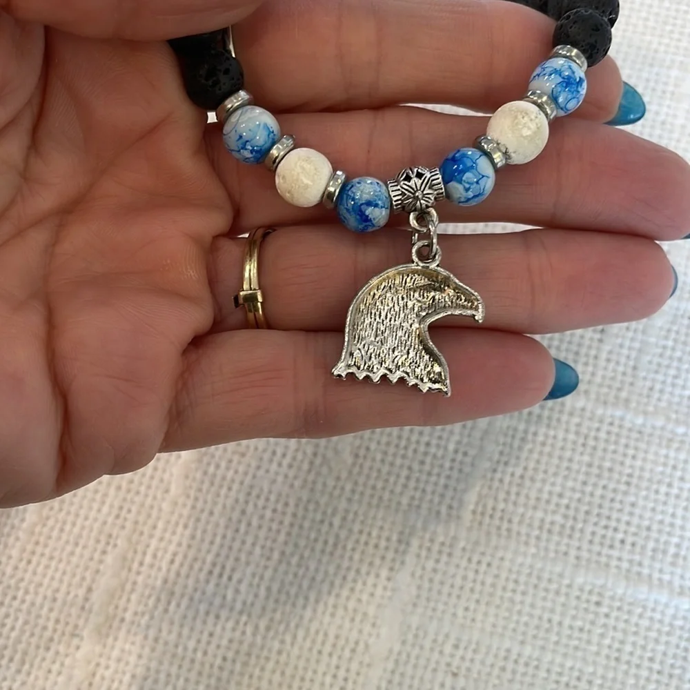 Lava rock blue natural stone silver Eagle charm stretch bracelet
